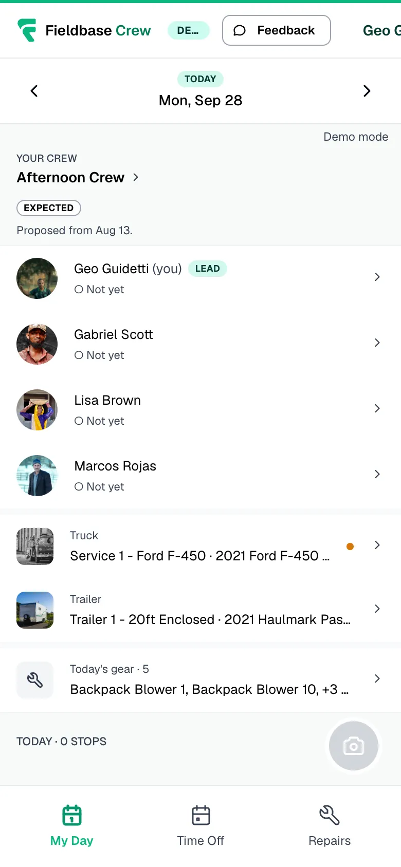 The Fieldbase Field app on a phone, showing today's crew, truck, trailer and gear.