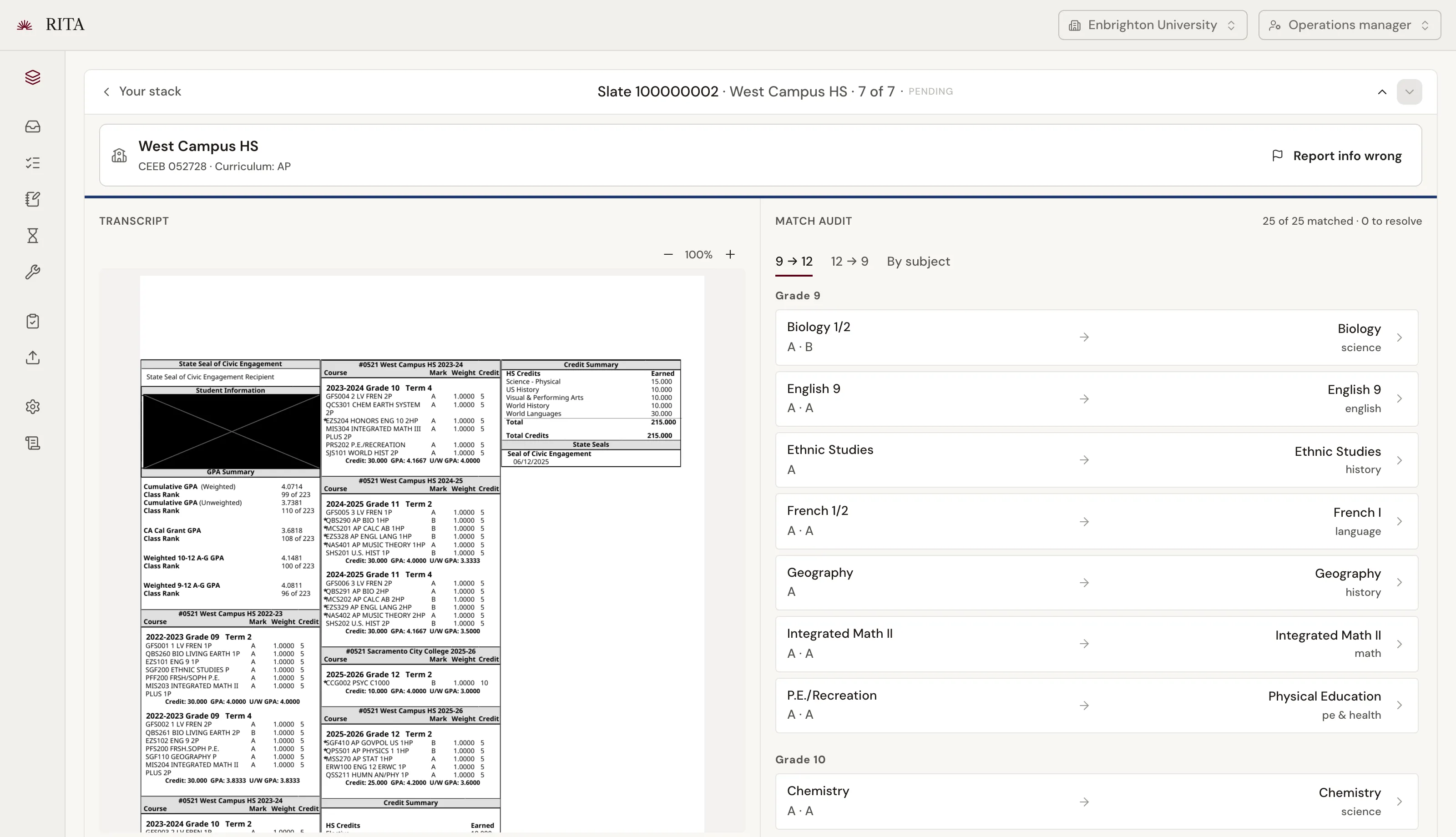 RITA's read frame: the scanned transcript on the left and the match audit on the right, pairing each printed course with its catalog match.
