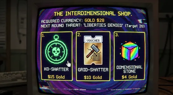 Concept mock of the shop between rounds, offering three items for gold.